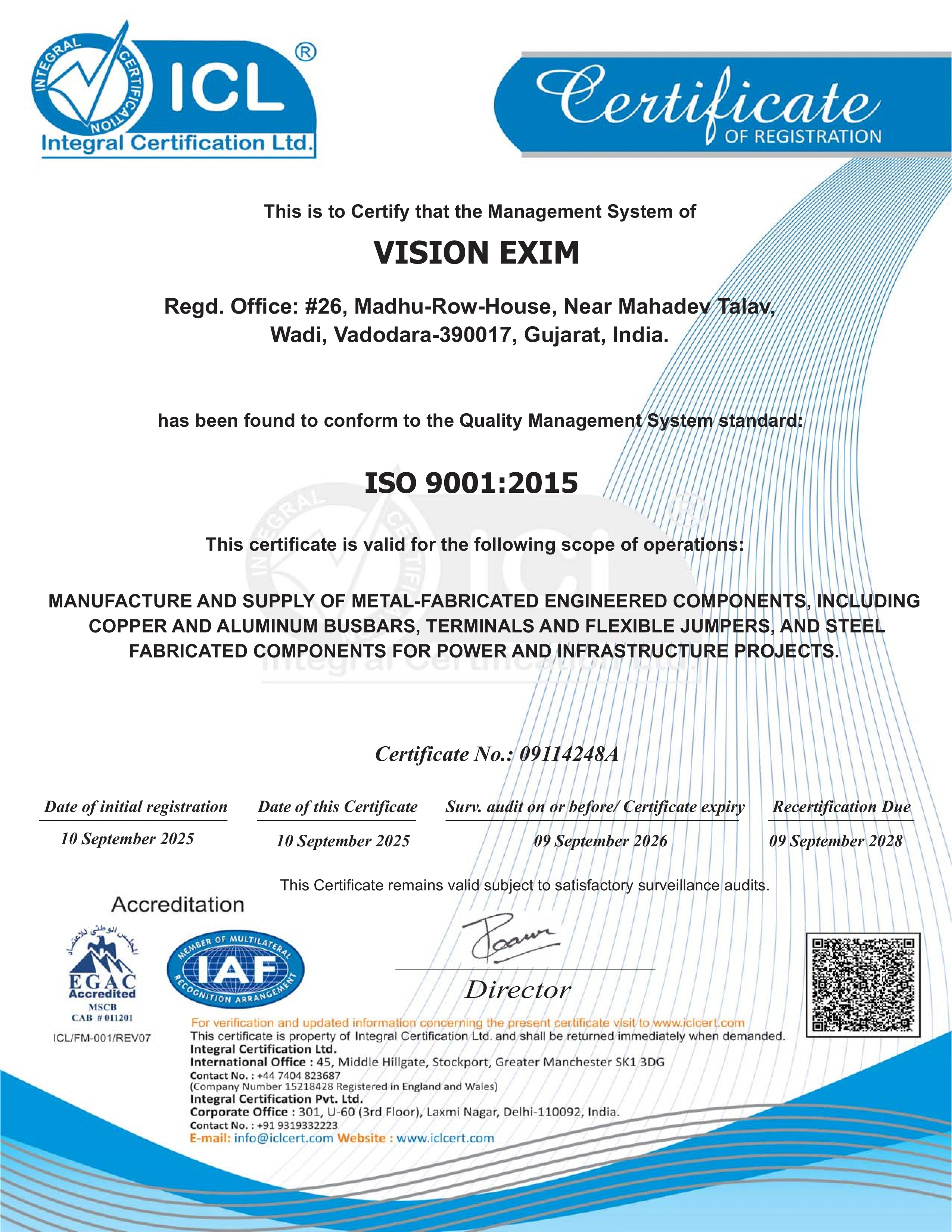 ISO 9001:2015 certificate for Vision Exim